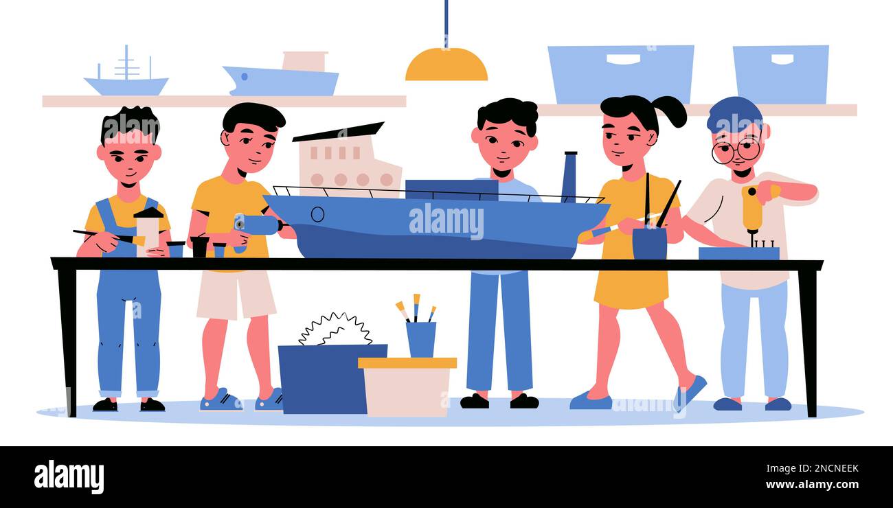 Creative children hobby construction lesson activity with boys and