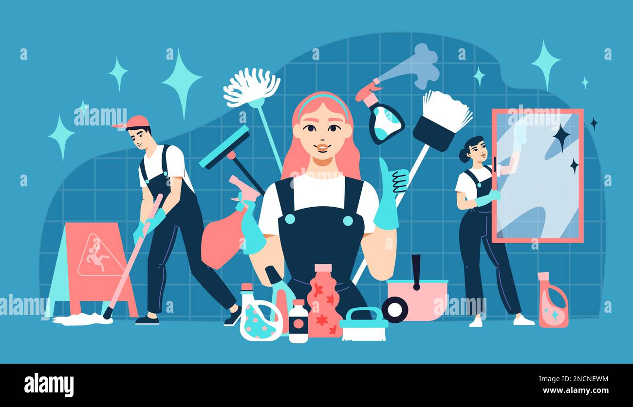 Cleaning service flat composition with detergent tools and professional