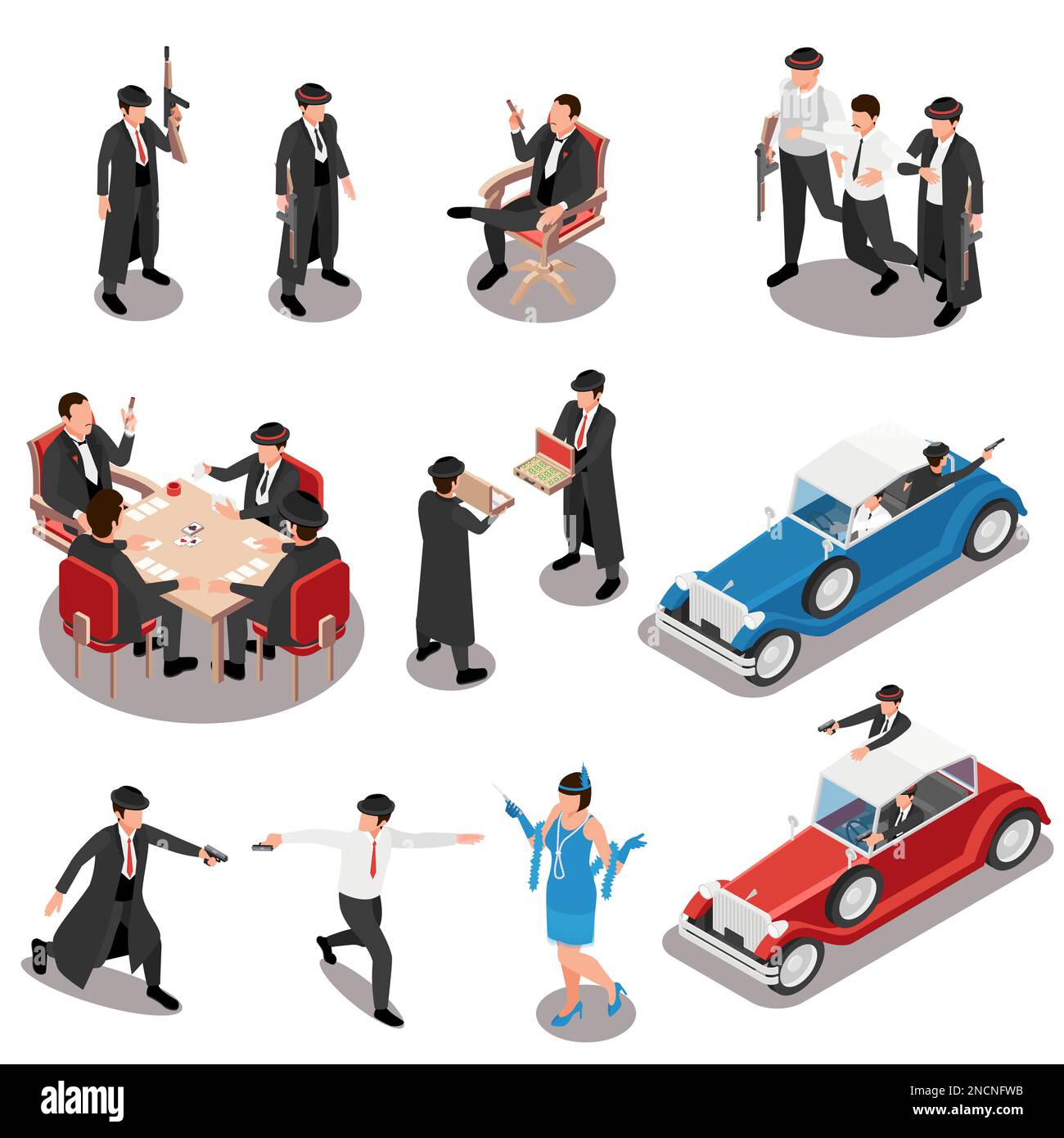 Mafia isometric set of  mafiosi characters with guns in casino and retro auto isolated vector illustration Stock Vector