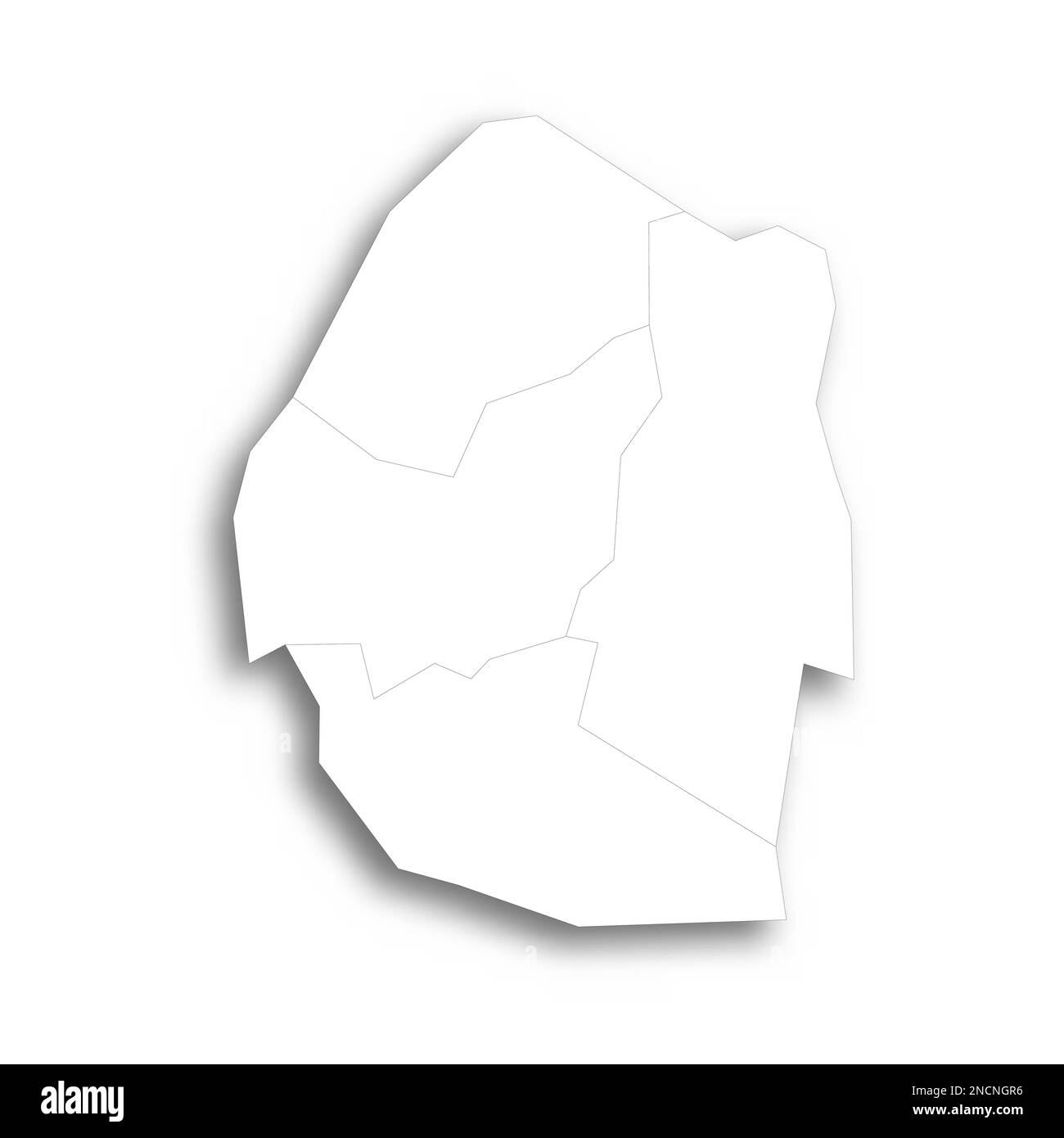 Eswatini political map of administrative divisions - regions. Flat white blank map with thin black outline and dropped shadow. Stock Vector
