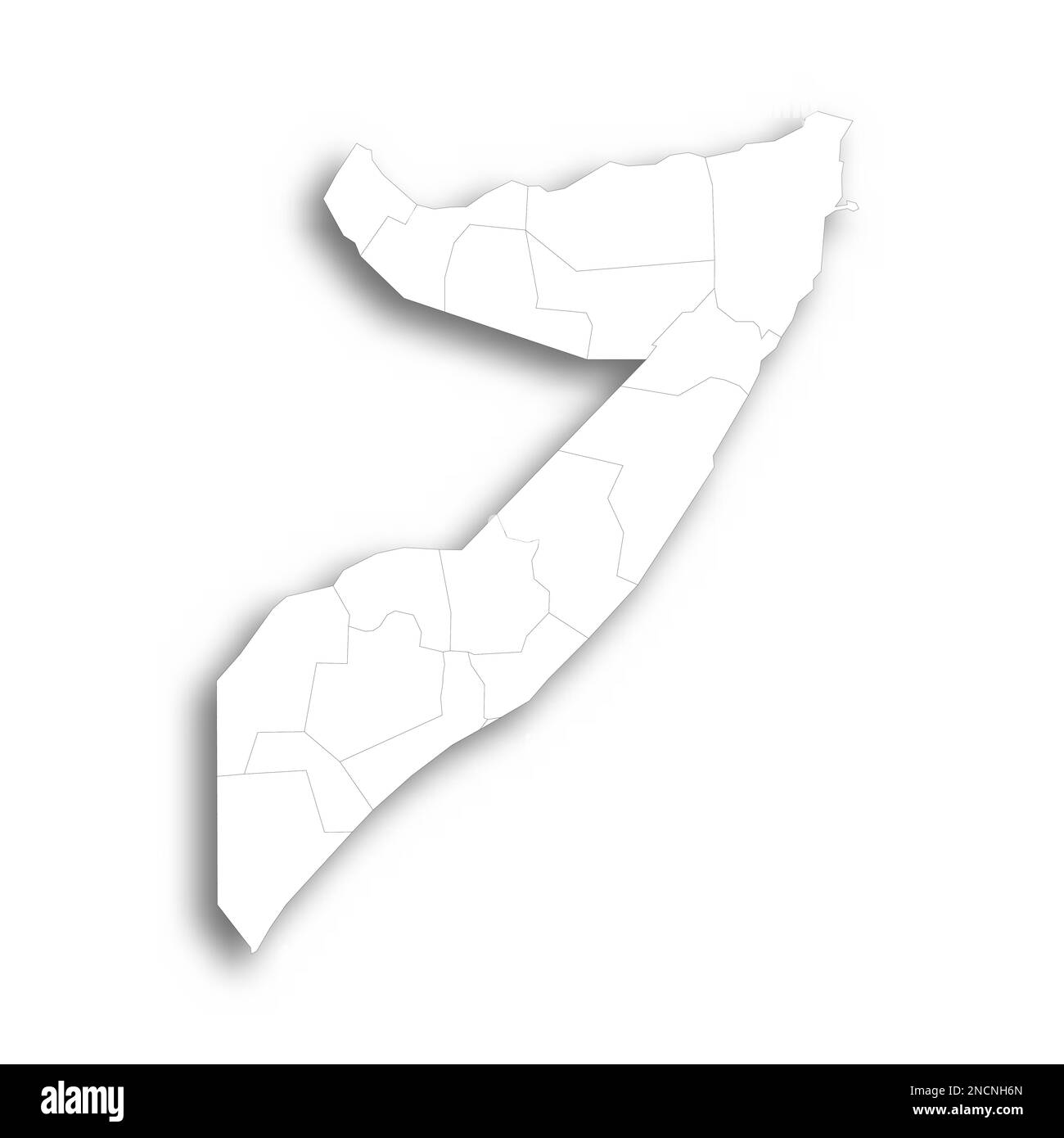 Somalia political map of administrative divisions - federal states. Flat white blank map with thin black outline and dropped shadow. Stock Vector