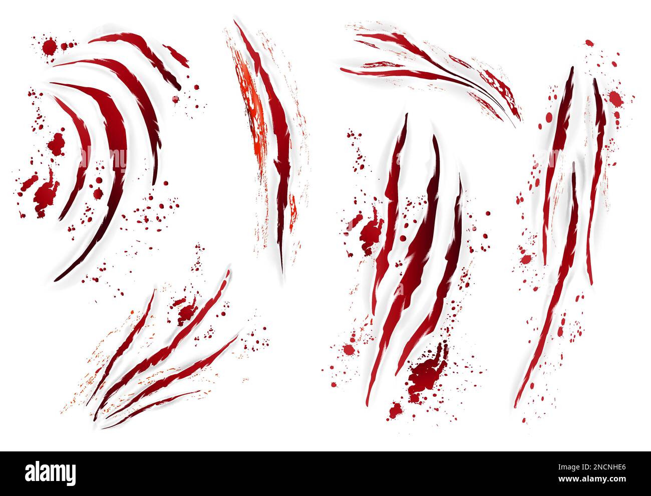 Realistic claws scratches animal blood set with isolated images of bloody scrapes and lots of droplets vector illustration Stock Vector