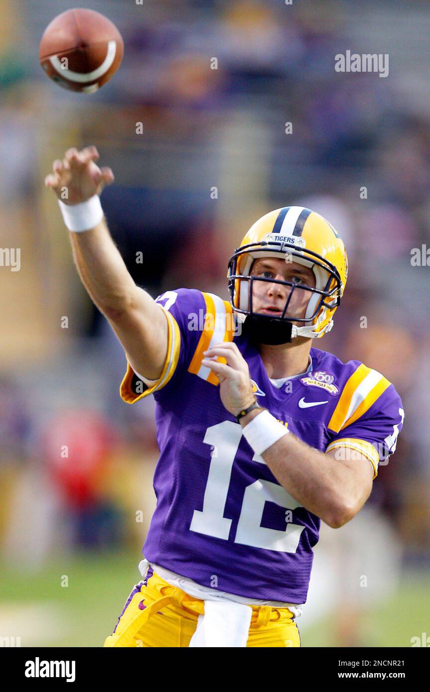 LSU quarterback Jarrett Lee (12) warm up's before his team takes on