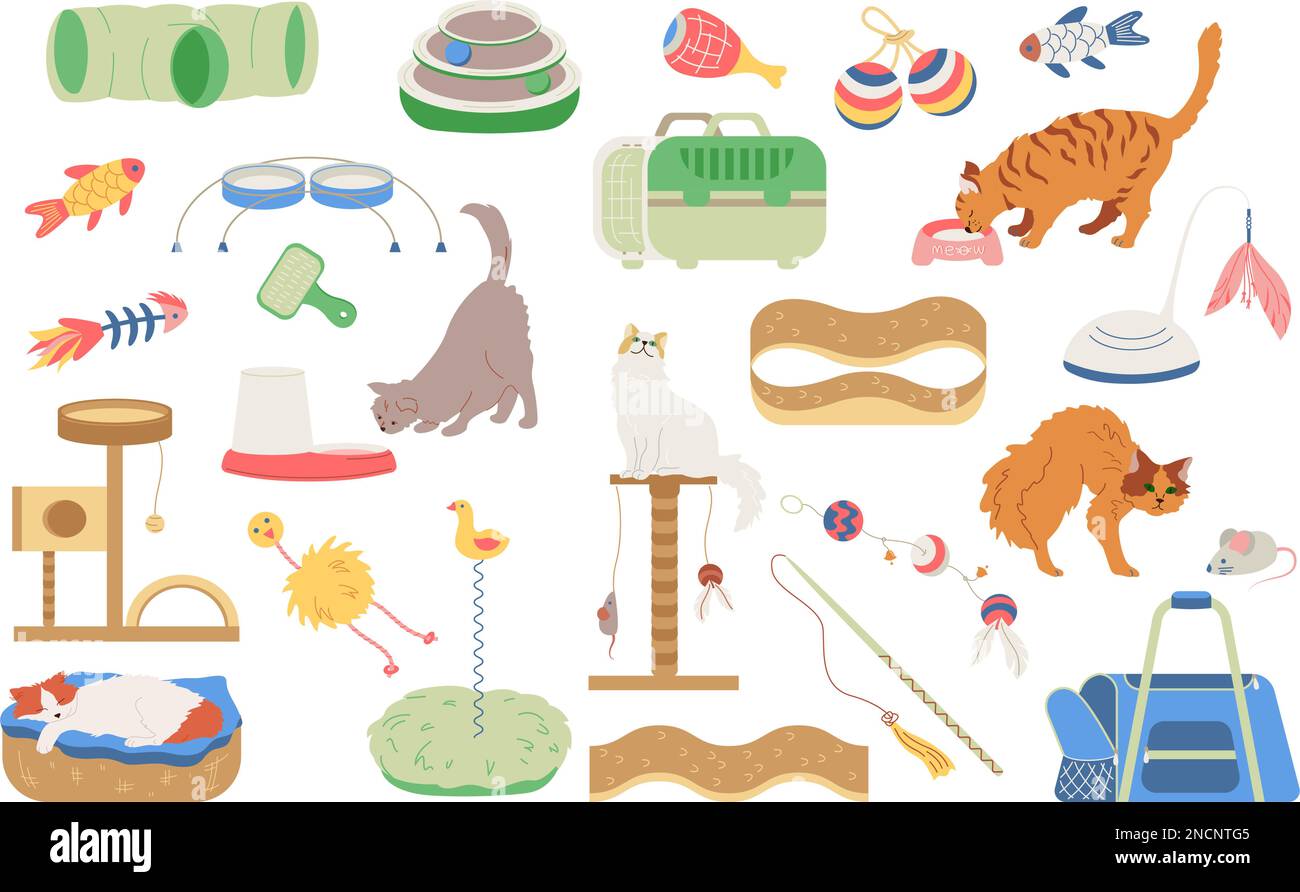 Cat accessories set with flat isolated icons of pet carriers litter trays toys and various cats vector illustration Stock Vector