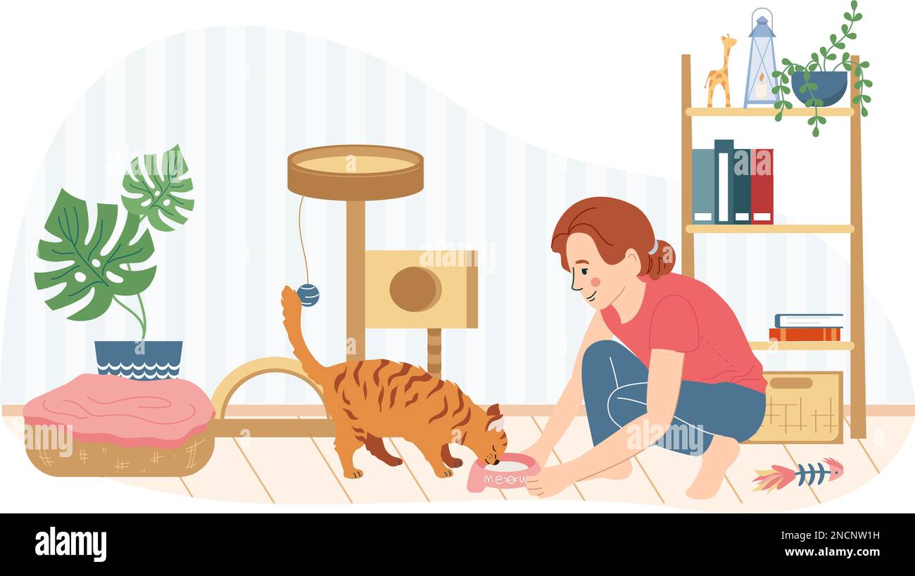 Cat accessories flat composition with indoor cozy interior scenery with condo and girl feeding her cat vector illustration Stock Vector