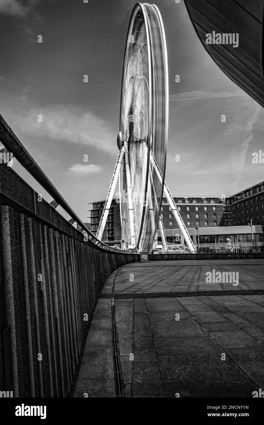 A vertical grayscale of the Liverpool Eye at Royal Albert Dock