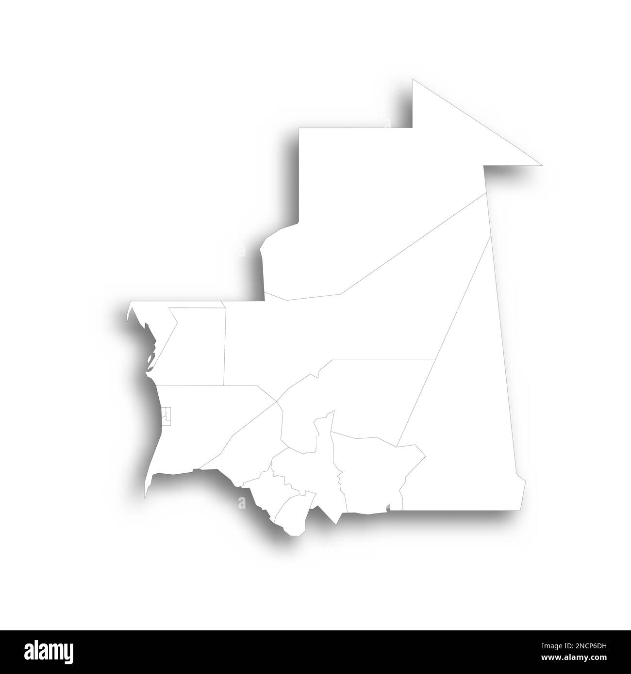 Mauritania political map of administrative divisions - regions and Nouakchott departments. Flat white blank map with thin black outline and dropped shadow. Stock Vector