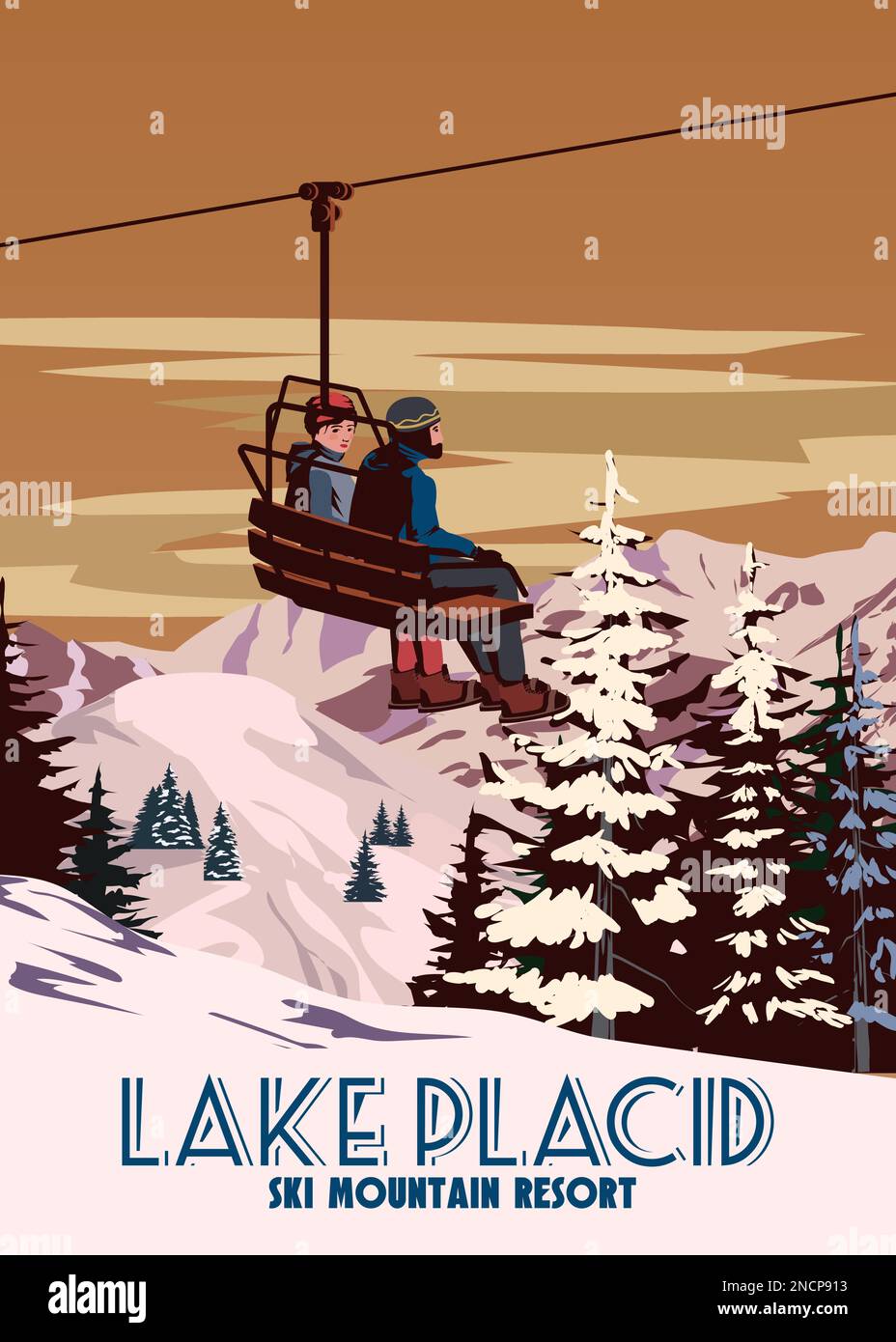 Travel poster Ski Lake Placid resort vintage. America winter landscape travel card Stock Vector