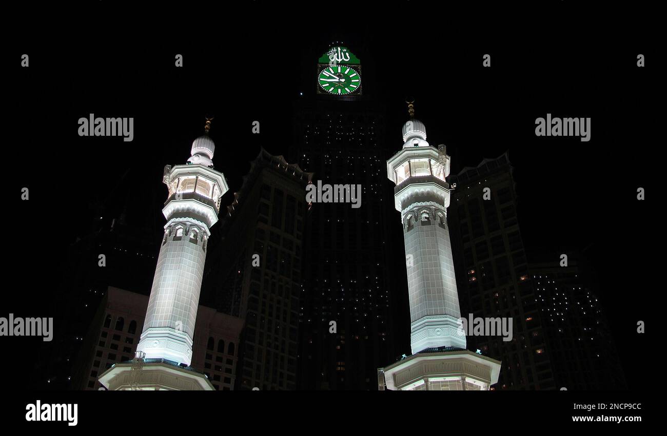 The fourfaced clock, atop the Abraj AlBait Towers is seen as tens of