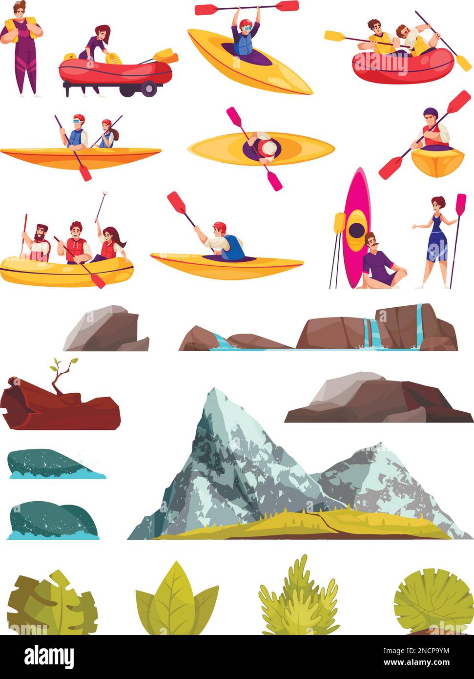Rafting cartoon icons set  with river and mountain extreme sport activities isolated vector illustration Stock Vector