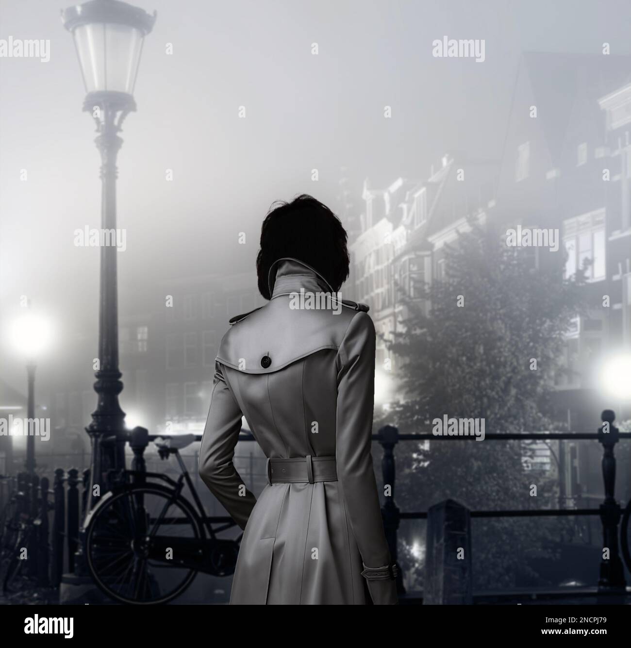 Black and white silhouette of a woman lost in the fog Stock Photo - Alamy