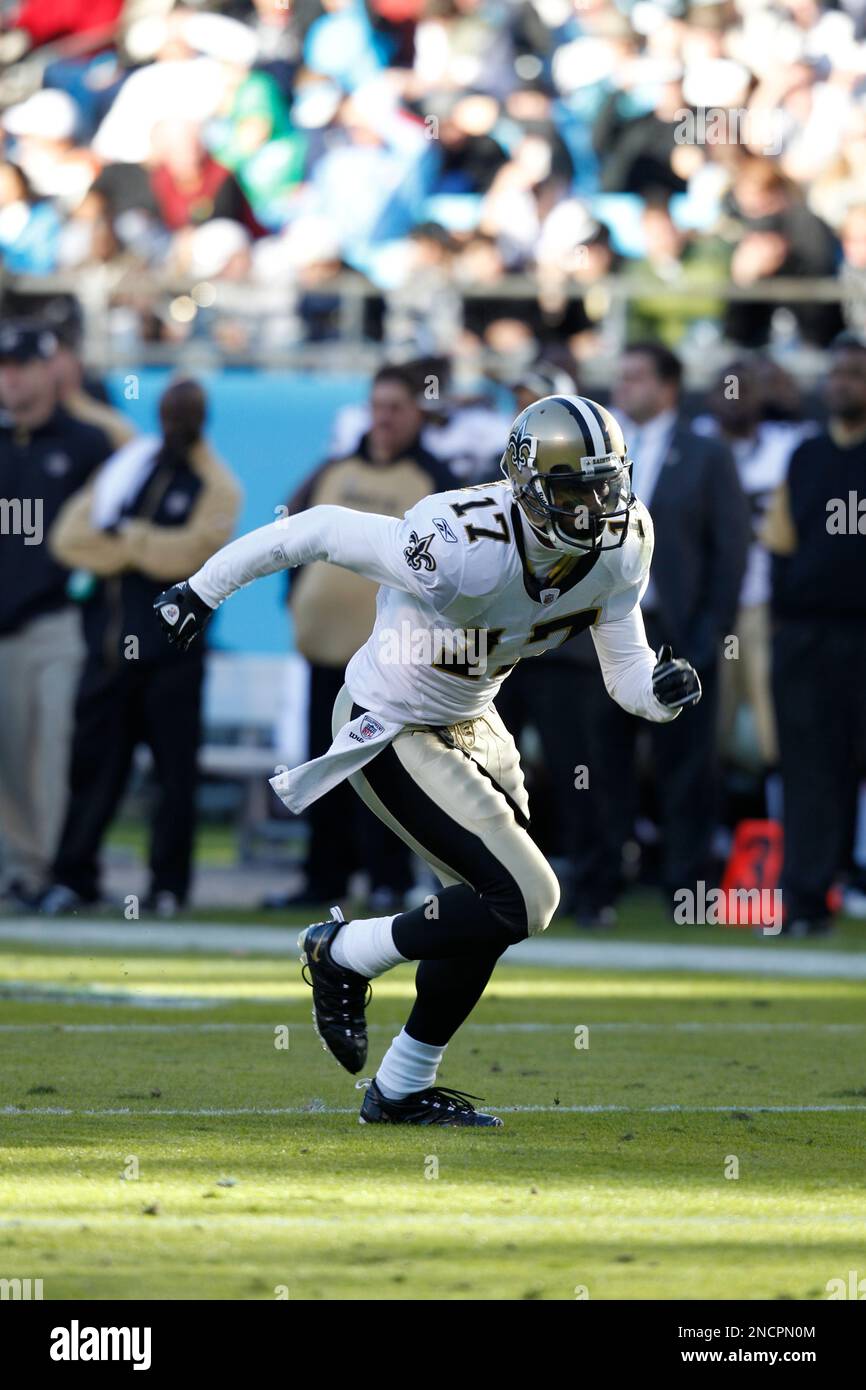New Orleans Saints' Robert Meachem (17) runs a pattern against the Carolina  Panthers in the second half of an NFL football game in Charlotte, N.C.,  Sunday, Nov. 7, 2010. (AP Photo/Chuck Burton