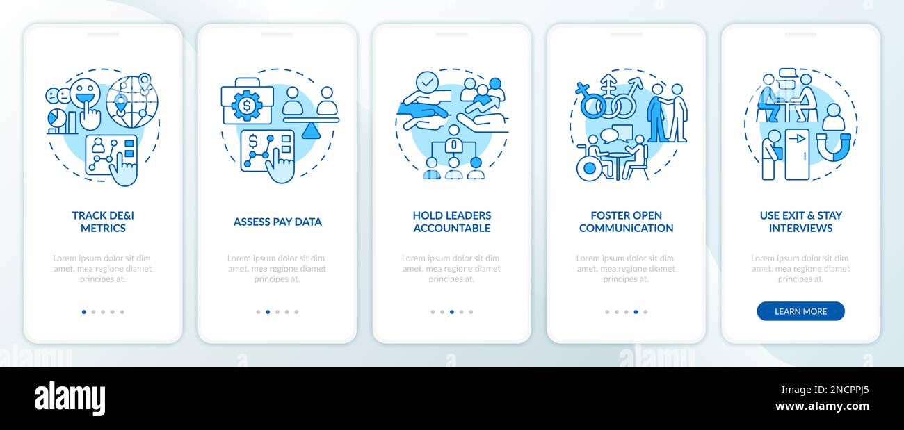 Making DEI efforts practices blue onboarding mobile app screen Stock Vector