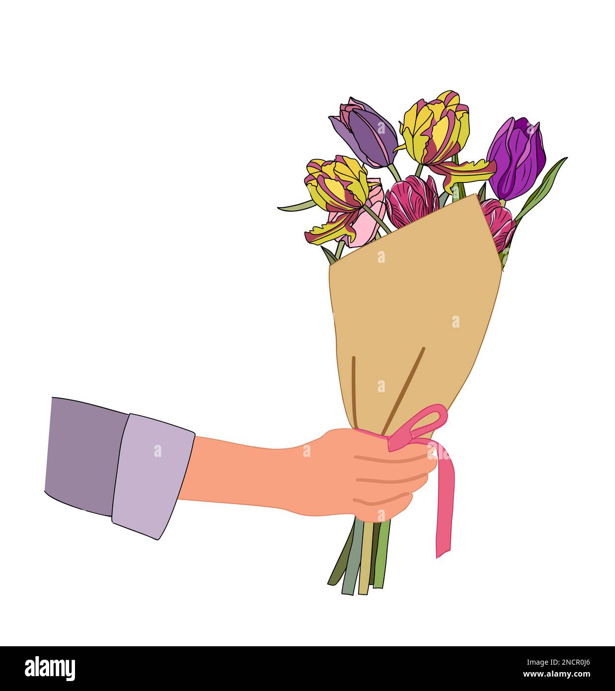 Hand holding bouquet of tulips vector illustration Stock Vector