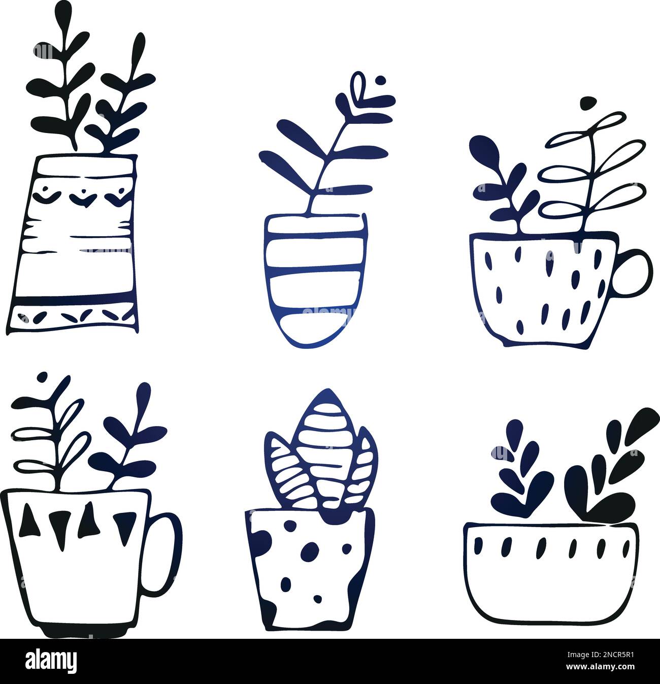 Vector set of house plants in pots, outline drawings on a white