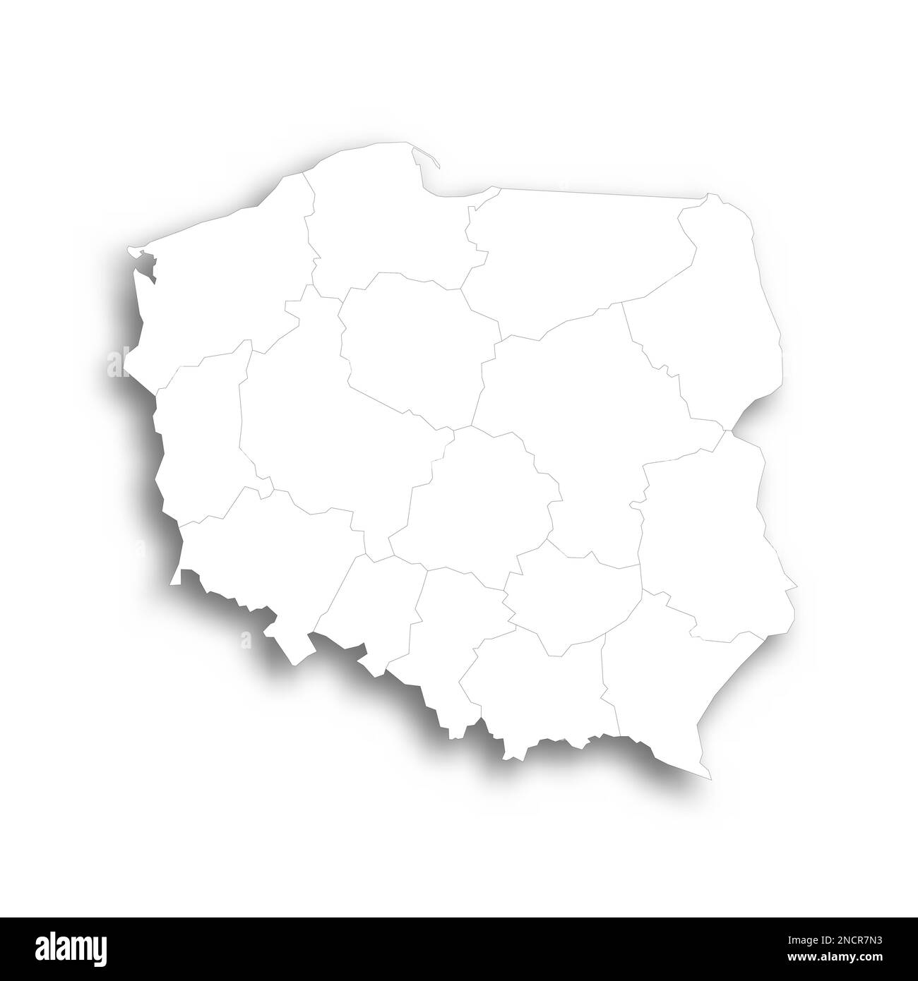 Poland Political Map Of Administrative Divisions Voivodeships Flat Poland Political Map Of Administrative Divisions Voivodeships Flat White Blank Map With Thin Black Outline And Dropped Shadow 2NCR7N3 