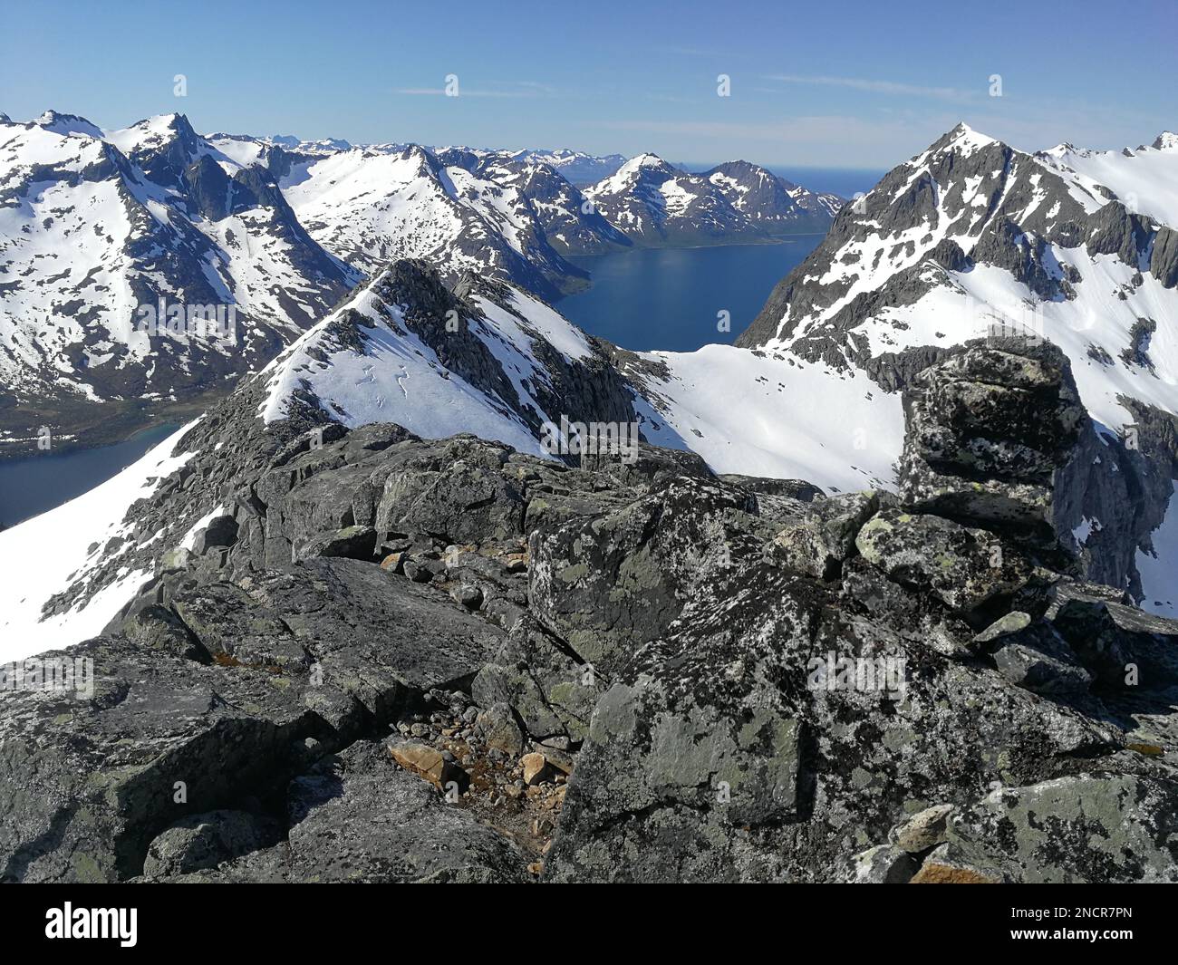 panoramic view landscape nordic snow cold winter norway cloudy sky snowy mountains. Troms county