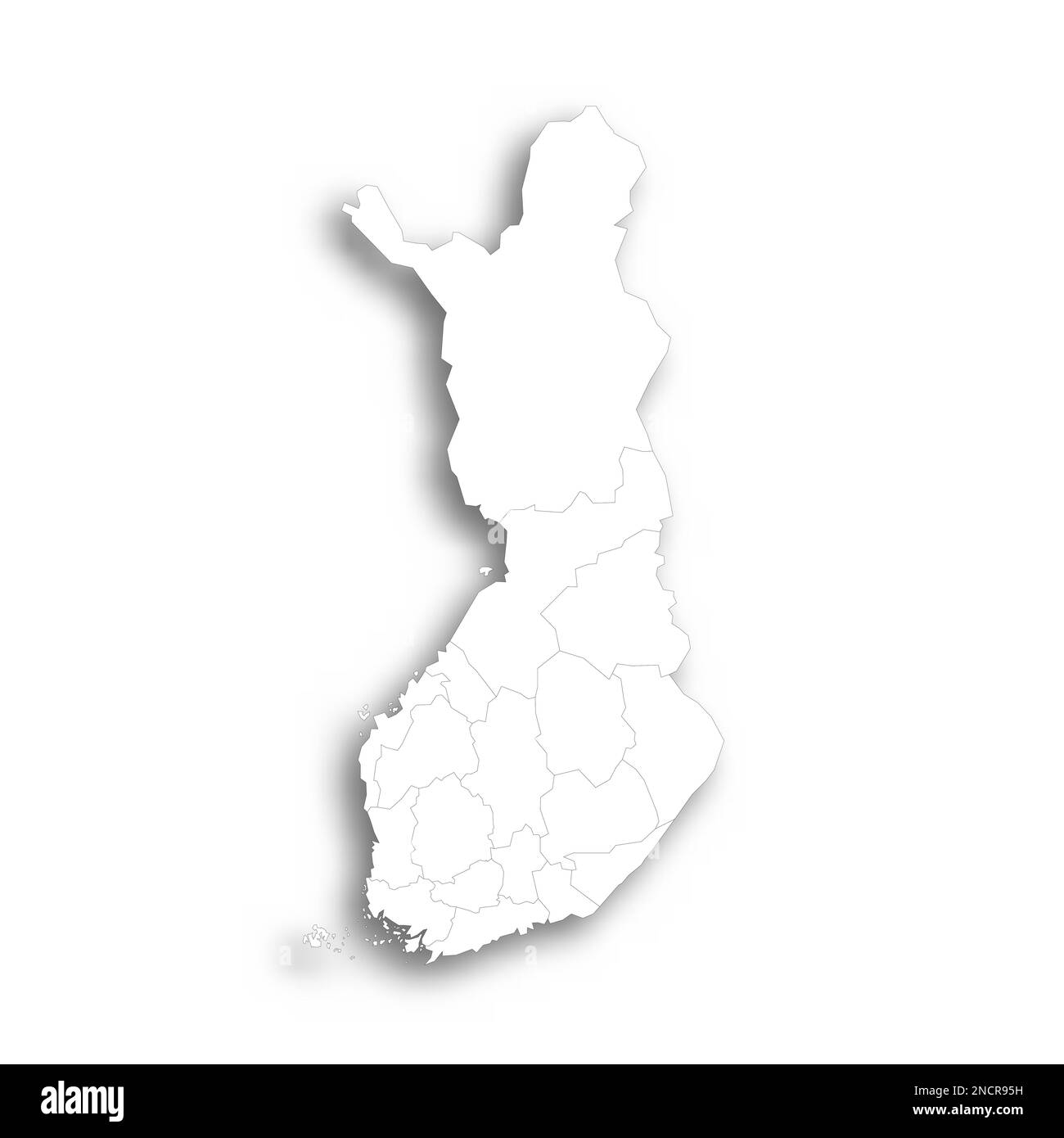 Finland political map of administrative divisions - regions and one autonomous region of Aland. Flat white blank map with thin black outline and dropped shadow. Stock Vector