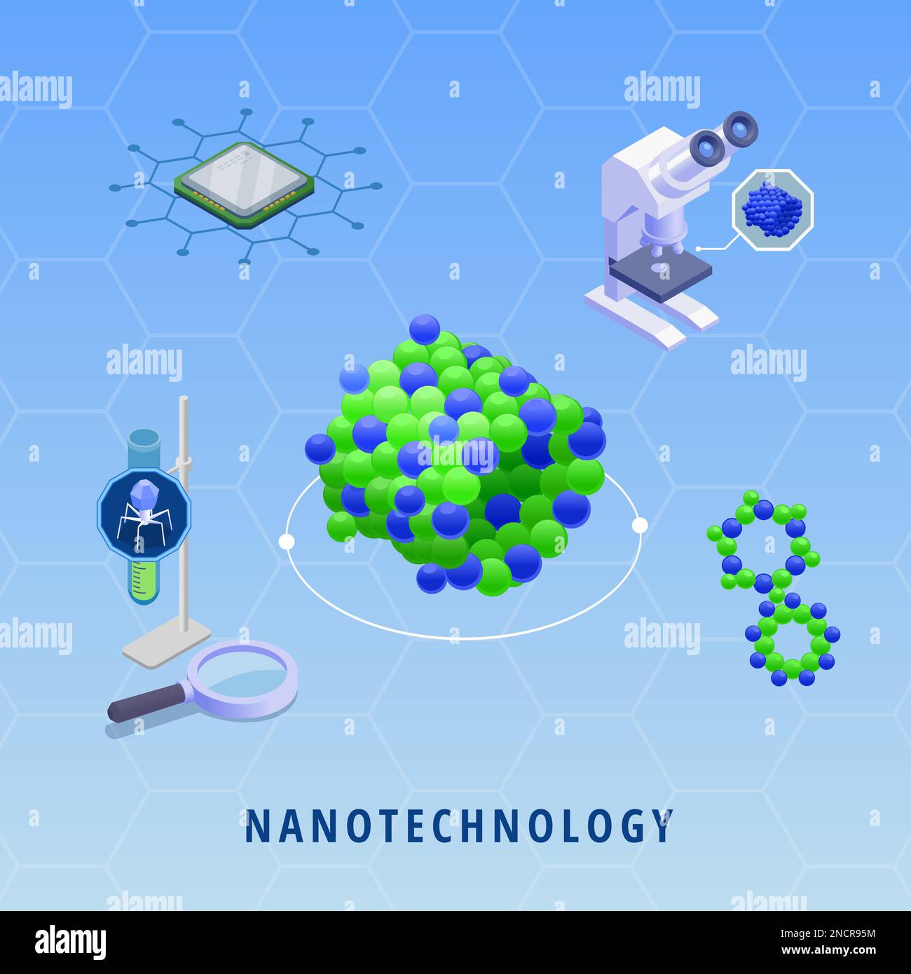 Nanotechnology nanomedicine innovative technologies with microchip microscope dna on color background isometric vector illustration Stock Vector