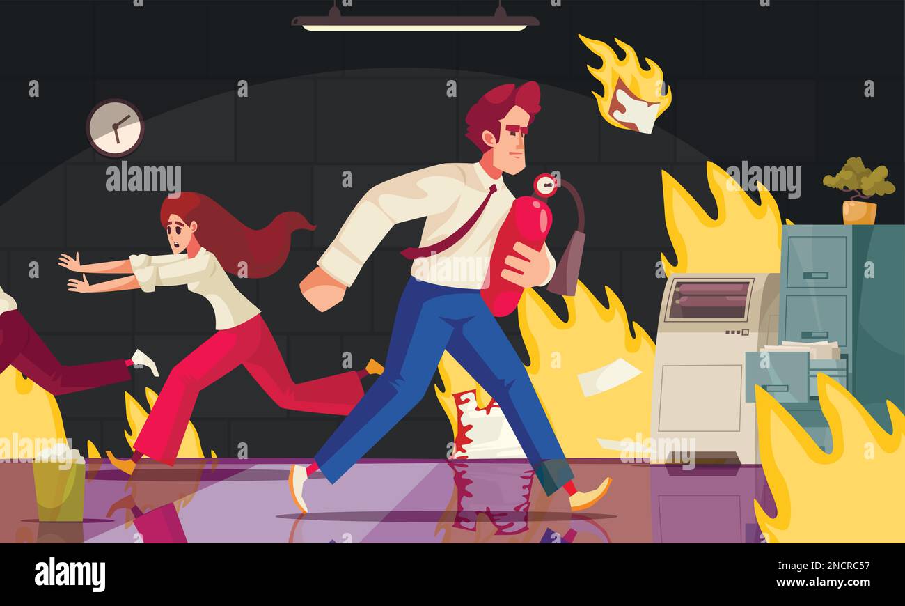 Evacuation cartoon poster with office workers escaping fire vector ...