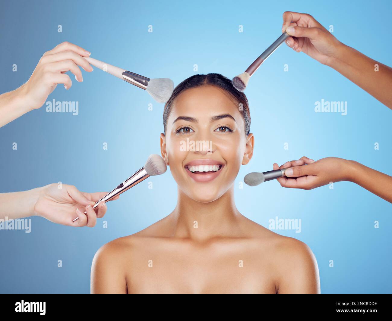 Cosmetic brush, woman and portrait for skincare, beauty tools and face