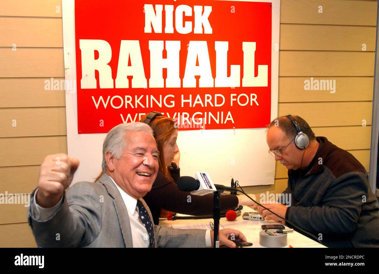 West Virginia Congressman Nick Rahall, left, reacts to being announced