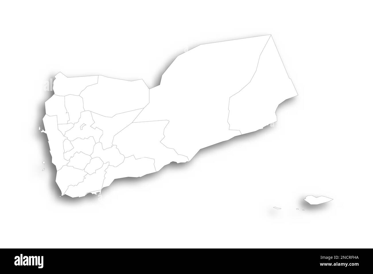 Yemen political map of administrative divisions - governorates and municipality of Sanaa. Flat white blank map with thin black outline and dropped shadow. Stock Vector