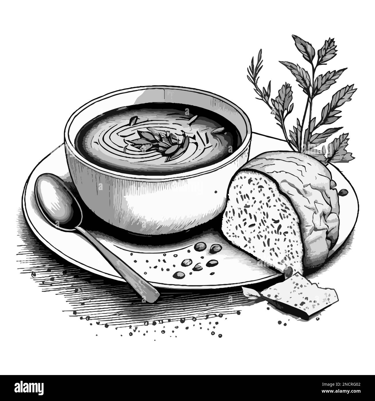 Spicy cream soup bowl with bread vector sketch Stock Vector Image & Art