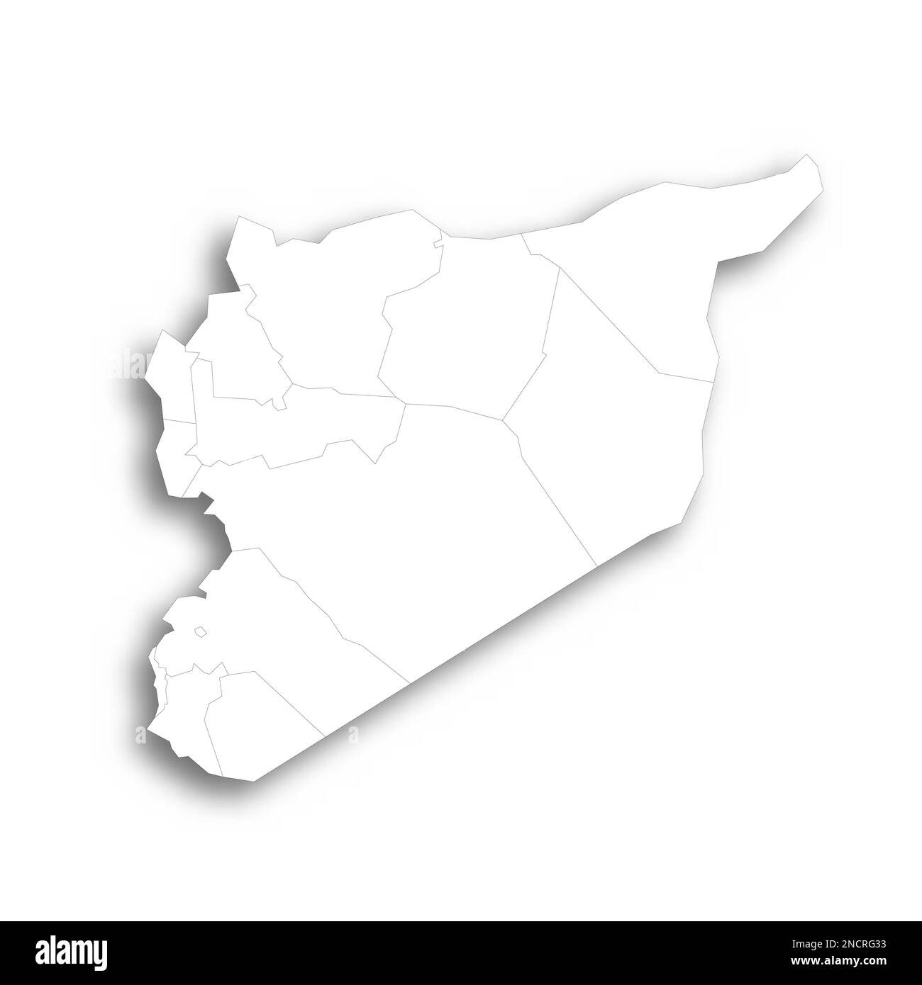 Syria political map of administrative divisions - governorates. Flat white blank map with thin black outline and dropped shadow. Stock Vector