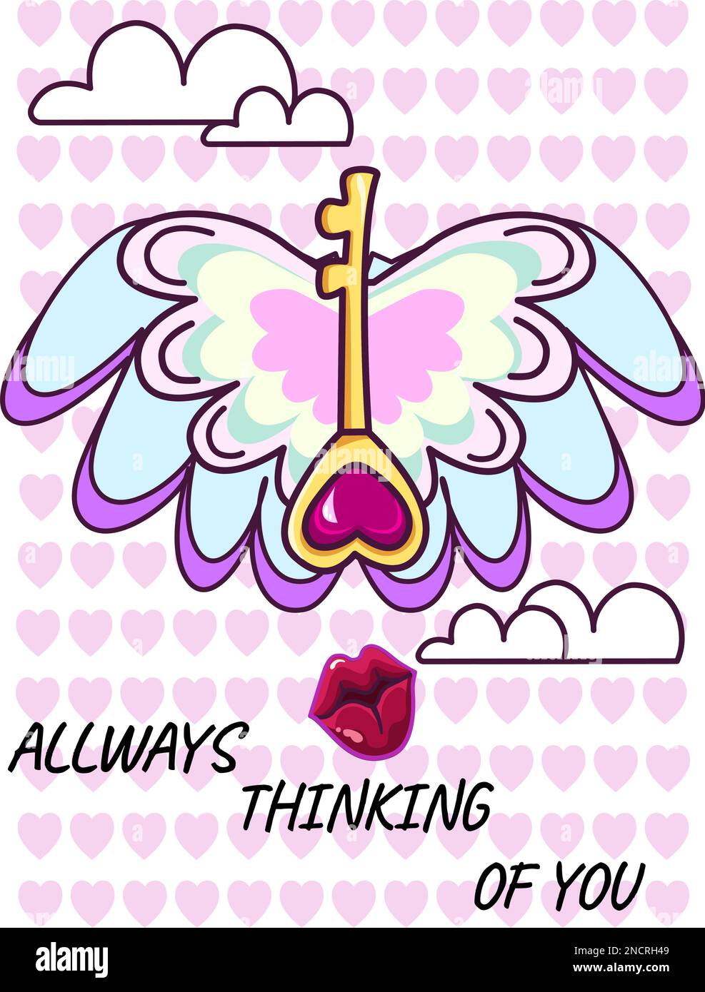 Always thinking of you. vector illustration. cute cartoon key with wings and red stone Stock Vector