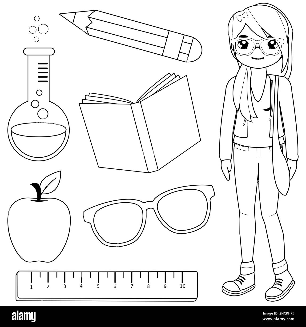 Student girl and set of school objects. Black and white coloring page Stock Photo
