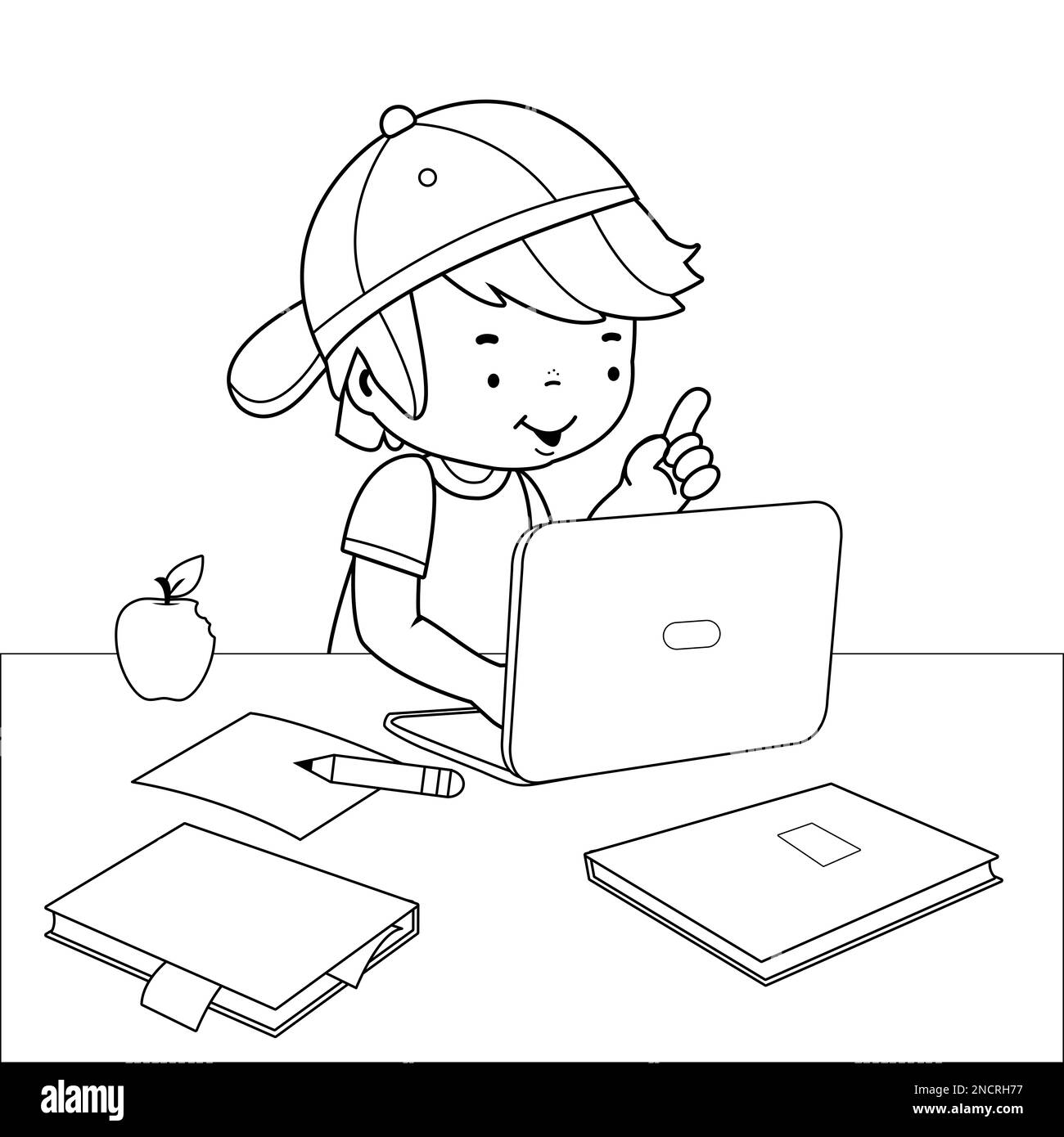 A boy sitting on his desk in front of his computer. Desk is full of books and notes. Black and white coloring page Stock Photo