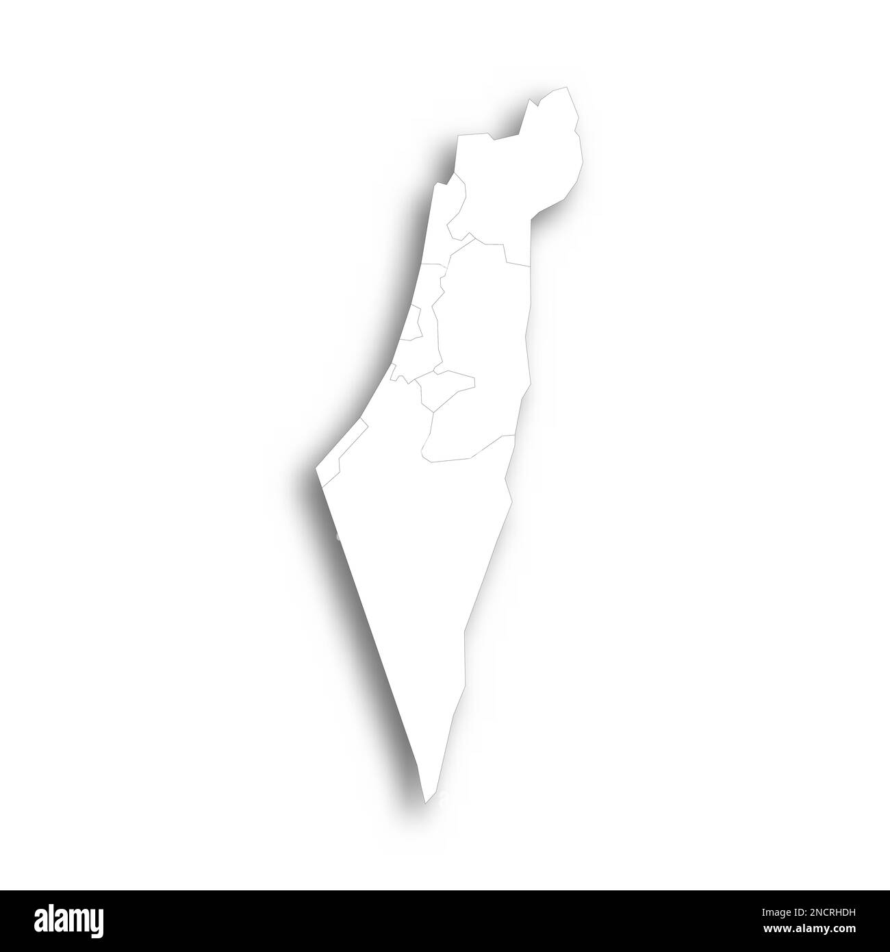 Israel political map of administrative divisions - districts, Gaza Strip and Judea and Samaria Area. Flat white blank map with thin black outline and dropped shadow. Stock Vector