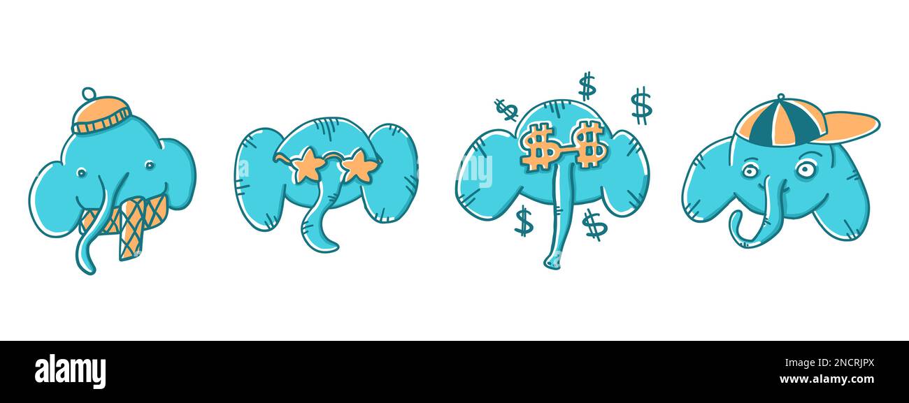 Elephants set with faces situations. Vector illustration in cartoon ...