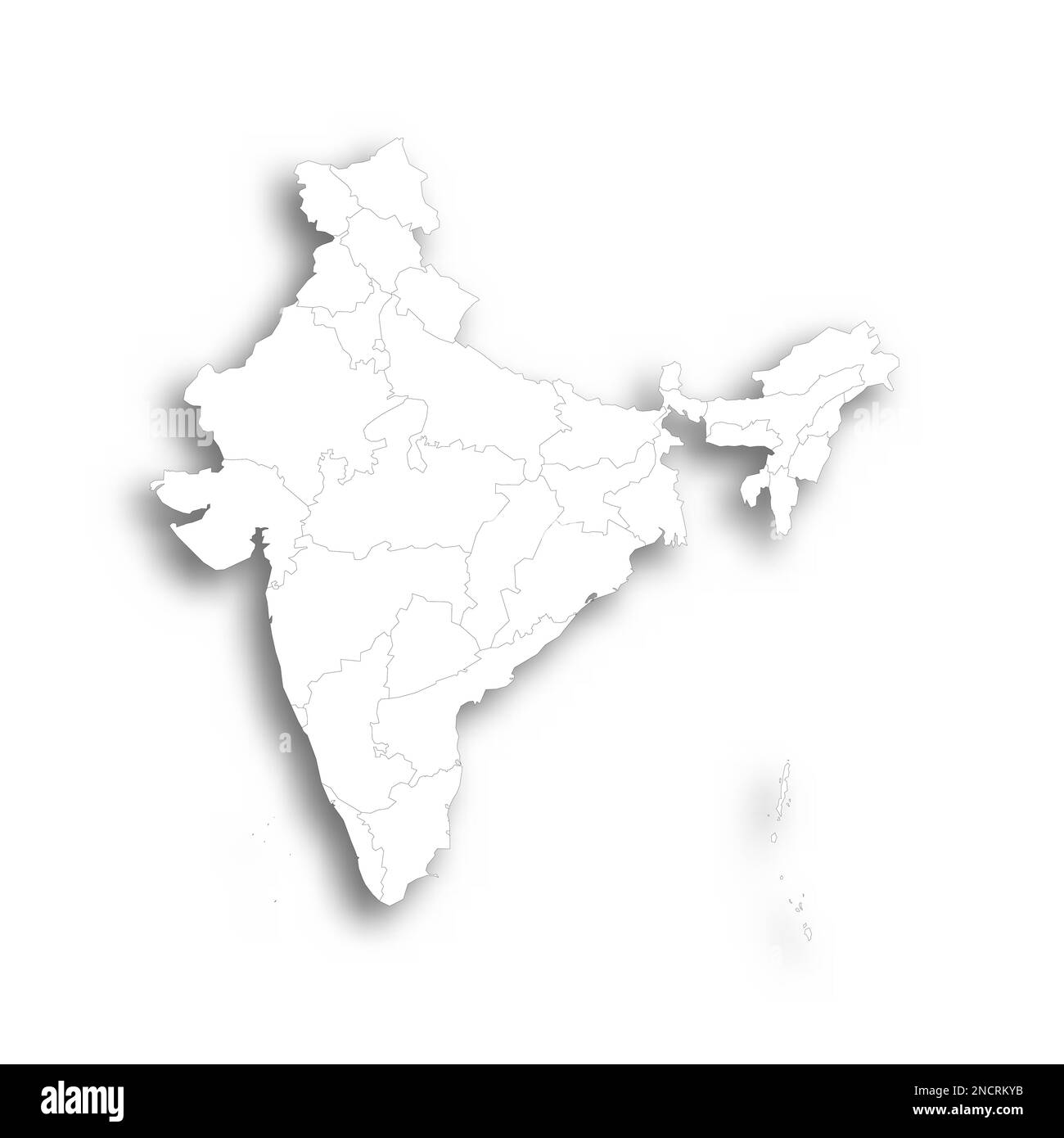 India political map of administrative divisions - states and union teritorries. Flat white blank map with thin black outline and dropped shadow. Stock Vector