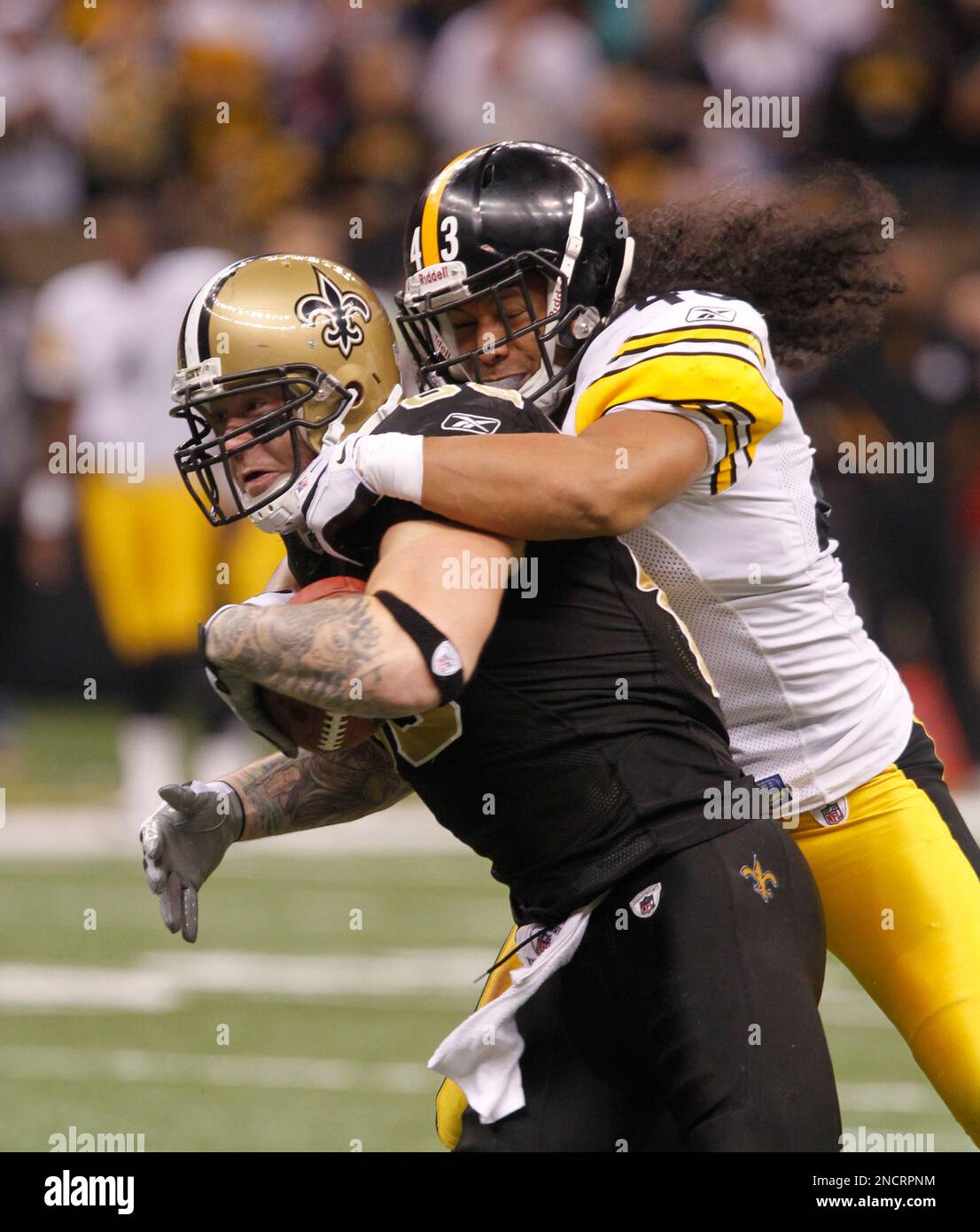 New Orleans Saints tight end Jeremy Shockey (88) stopped by Pittsburgh  Steelers safety Troy Polamalu (43) during an NFL football game at the  Louisiana Superdome in New Orleans, Sunday, Oct. 31, 2010. (