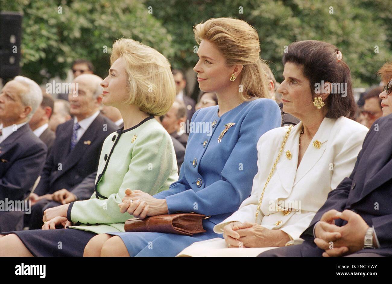 Lea Rabin First lady Hillary Rodham Clinton sits with Queen Noor, wife of King ...