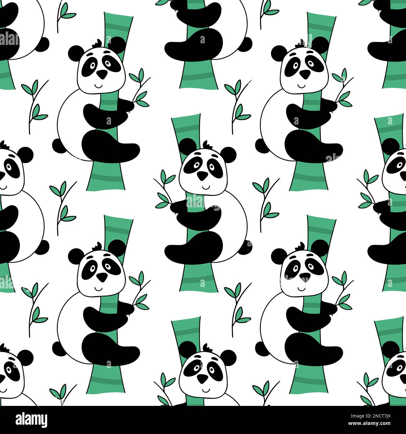Pandas on eucalyptus trees seamless pattern Stock Vector