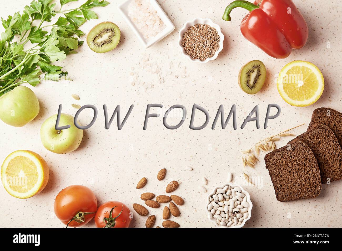Low FODMAP concept with text in center. Low diet fruits,vegetables