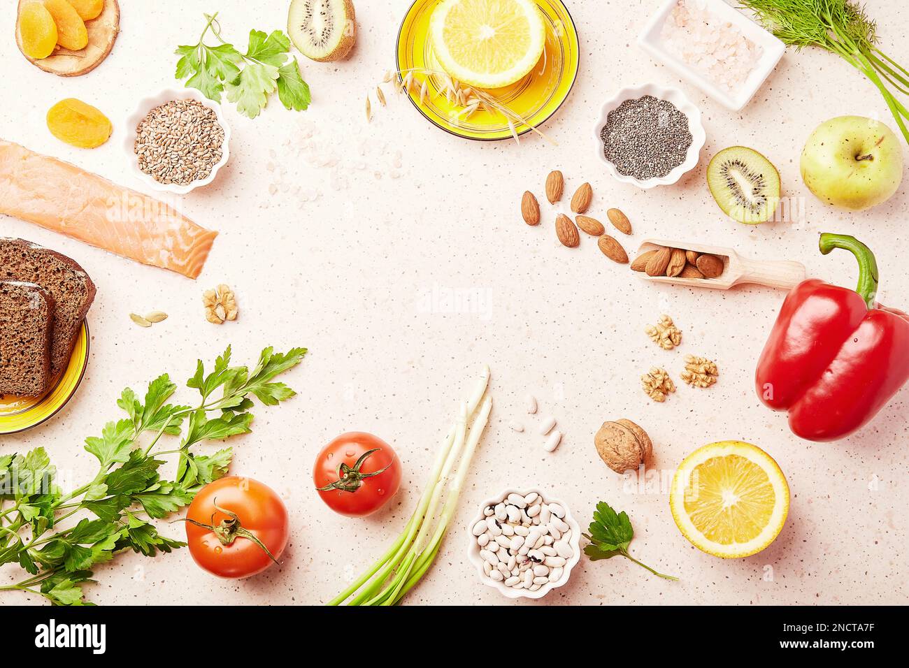 Healthy FODMAP diet food with copy space. Organic fruits, vegetables, greenery, nuts, beans