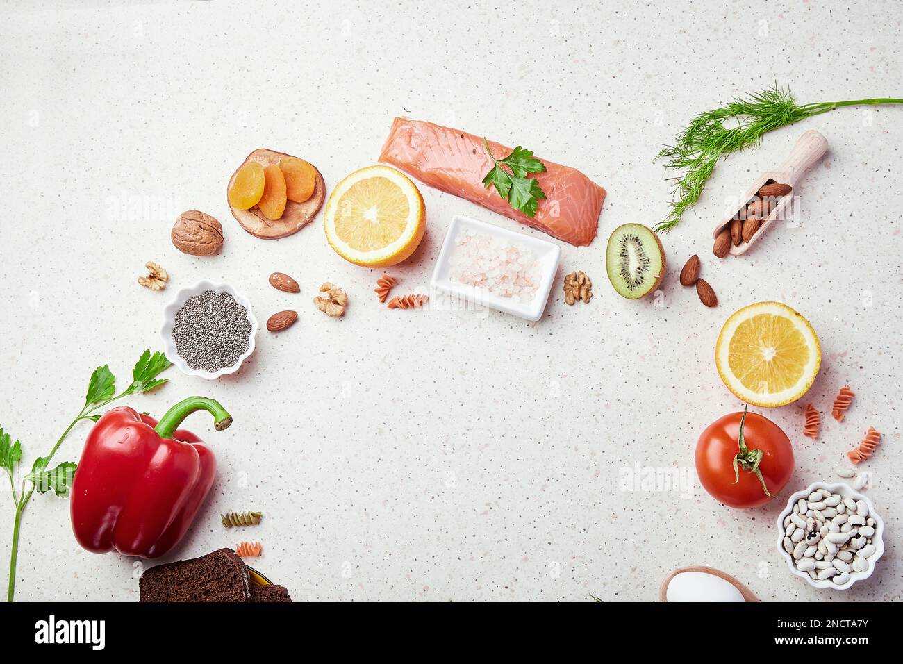 Healthy low fodmap ingredients seafish, vegetables and fruits, nuts