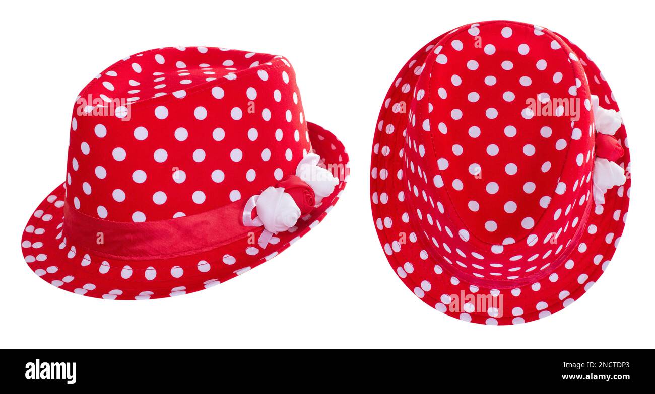 Red and white polka dotted Sun hat fedora isolated on white background. Two projections: top view and side view Stock Photo