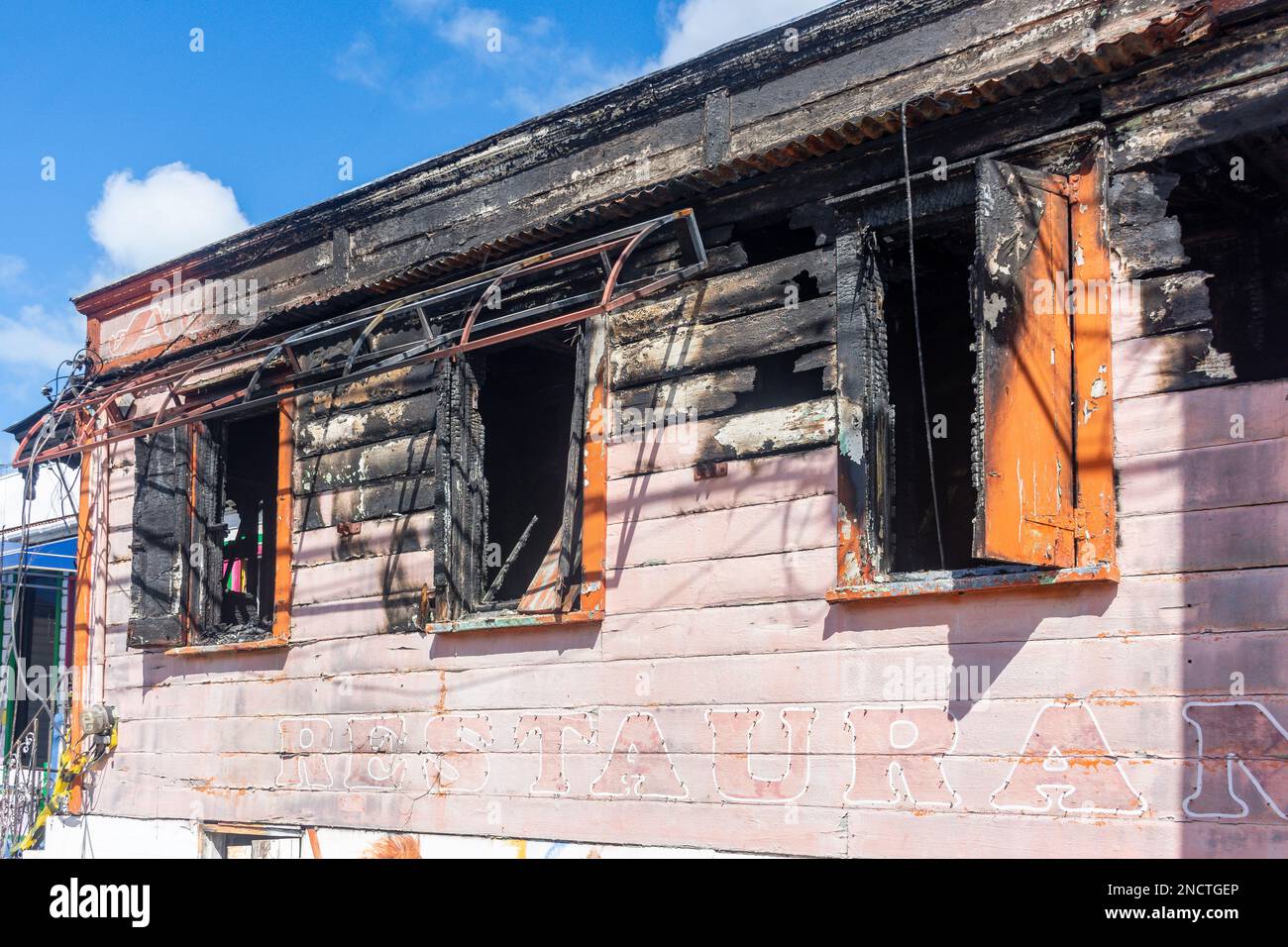 Burnt-out restaurant building, St Mary's Street, St John's, Antigua, Antigua and Barbuda, Lesser Antilles, Caribbean, Caribbean Stock Photo