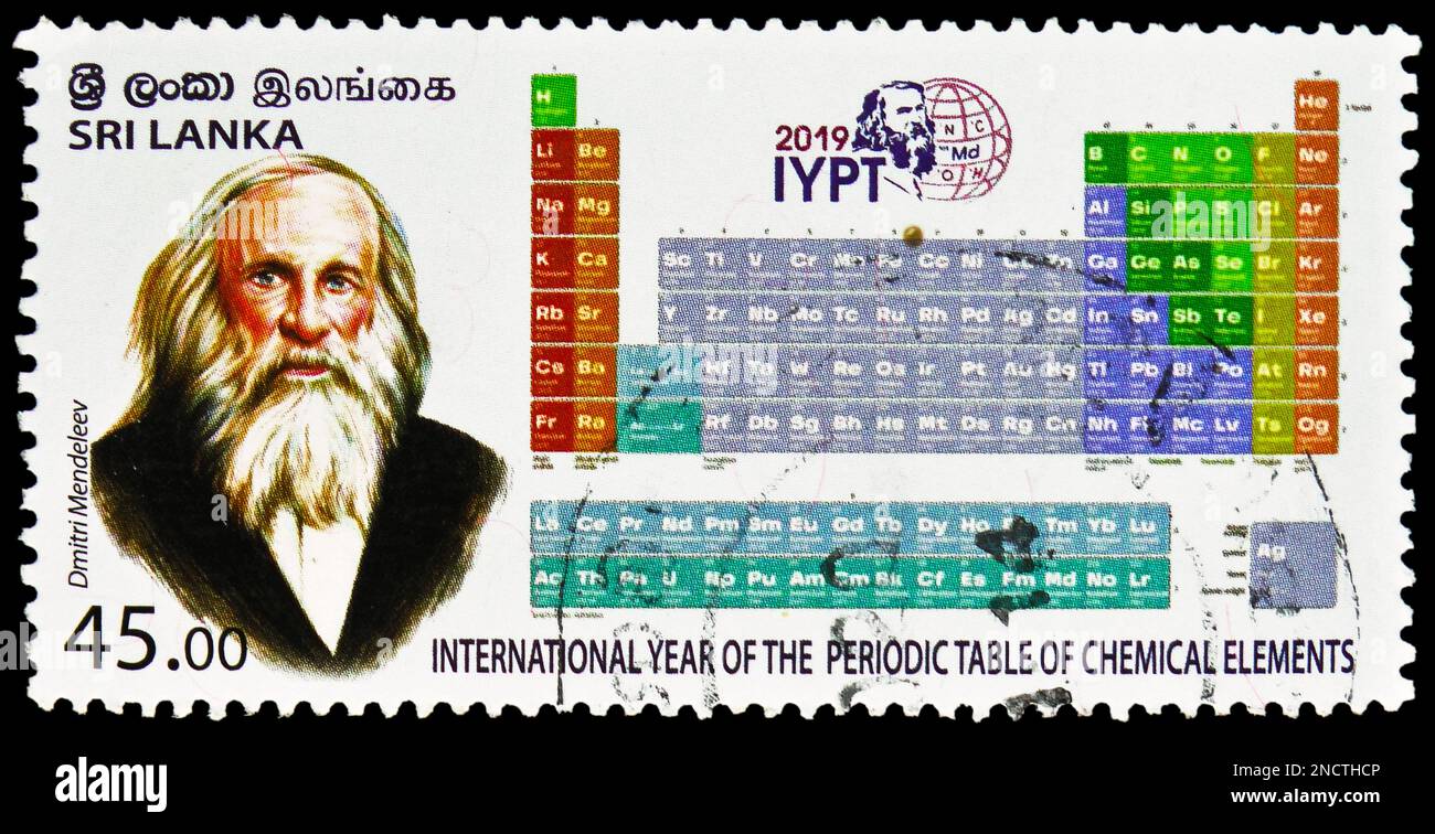 MOSCOW, RUSSIA - FEBRUARY 4, 2023: Postage stamp printed in Sri Lanka shows International Year of the Periodic Table, circa 2019 Stock Photo