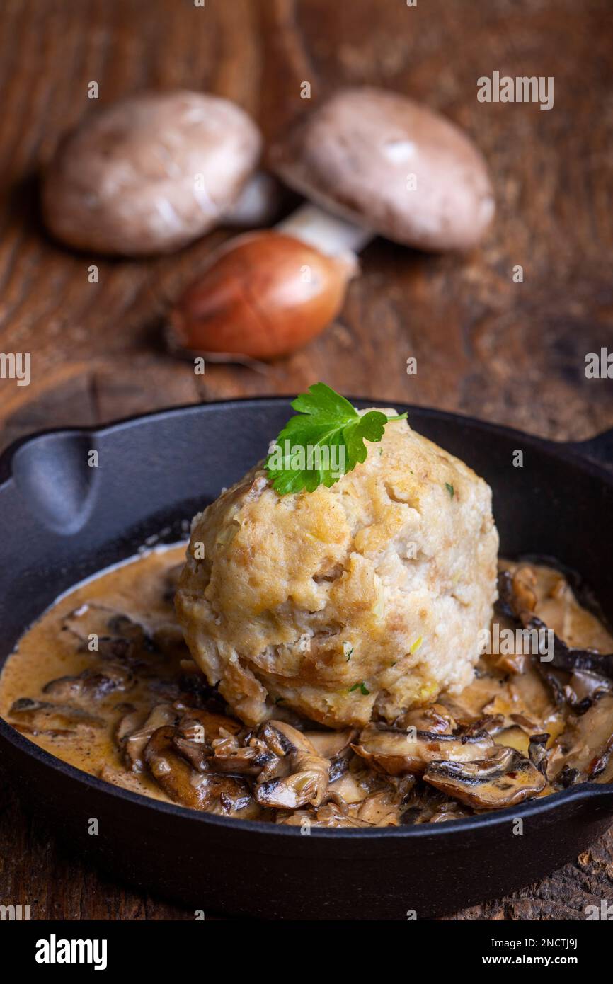 Bavarian Bread Dumpling In Mushroom Sauce Stock Photo