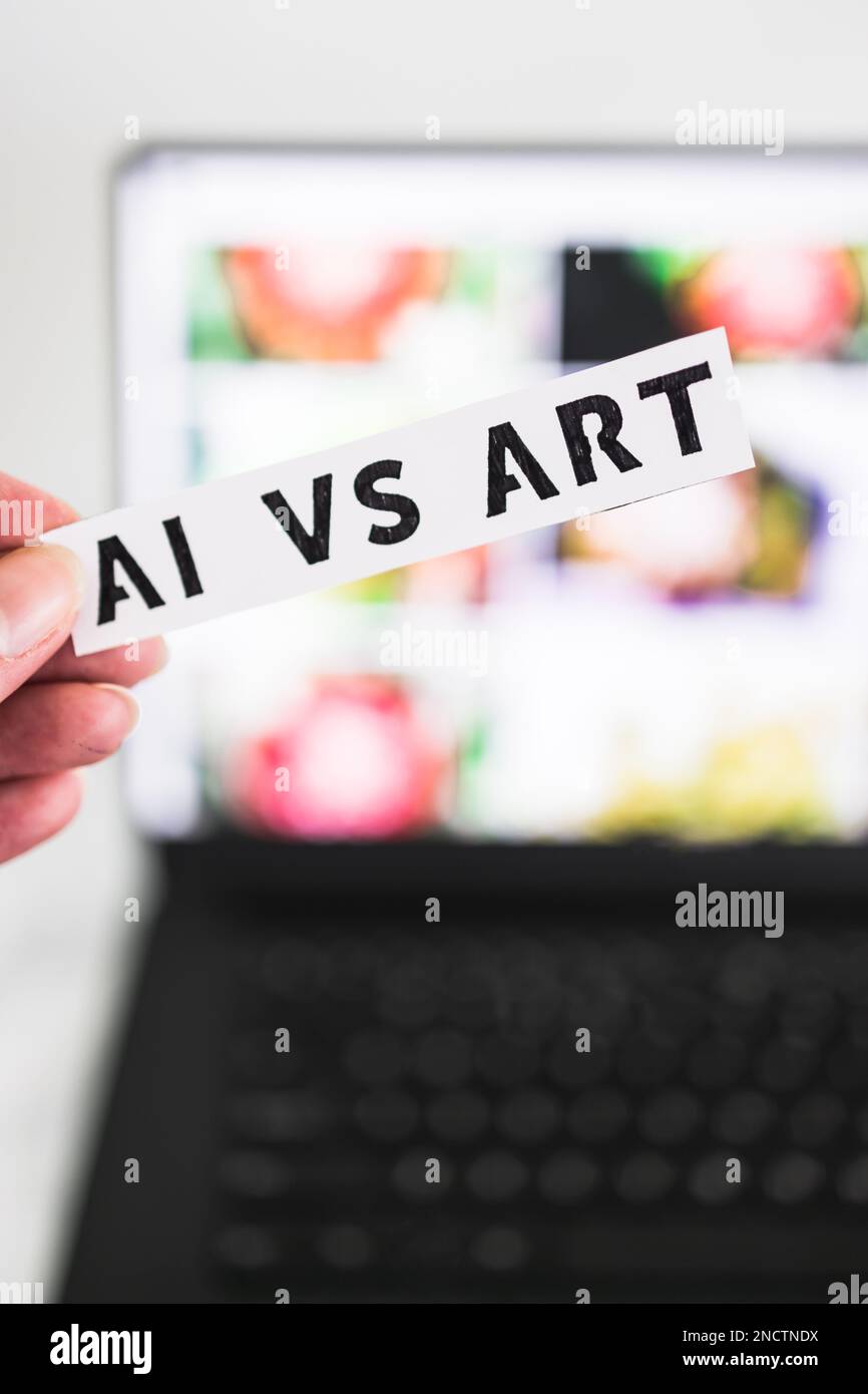 AI vs Art  text in front of laptop bokeh with out of focus images, concept of Artificial Intelligence creating generative content based on art made by Stock Photo