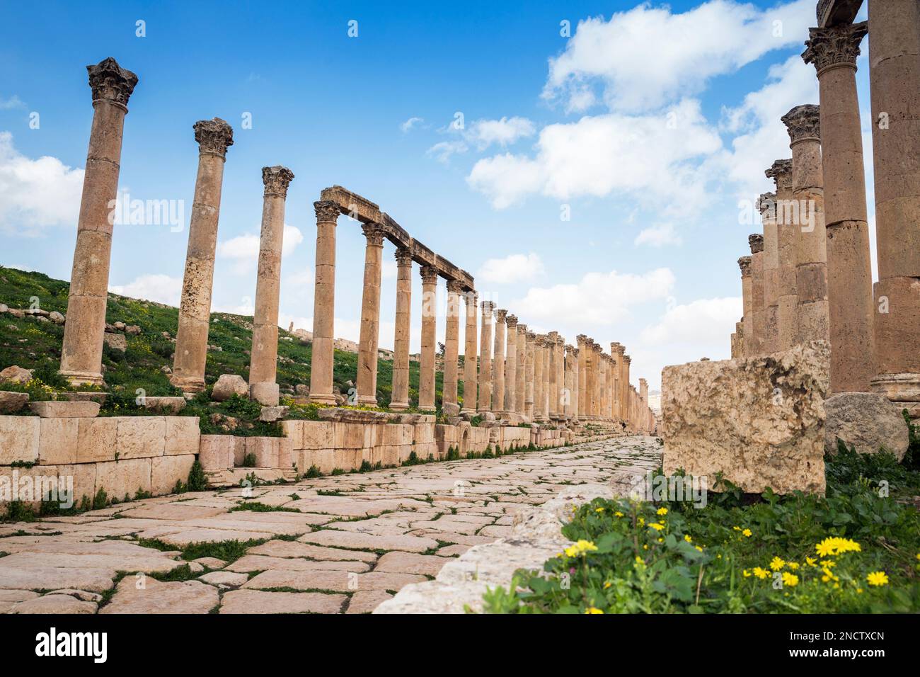 The great colonnade street at the ancient greco-roman city of Jerash, Gerasa Governorate, Jordan Stock Photo