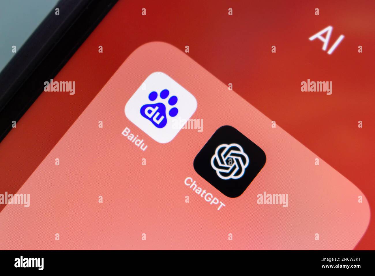Baidu and ChatGPT icons seen in an iPhone. Baidu inc. developing ERNIE Bot, an ChatGPT-style AI chatbot project based on its ERNIE Model technology Stock Photo