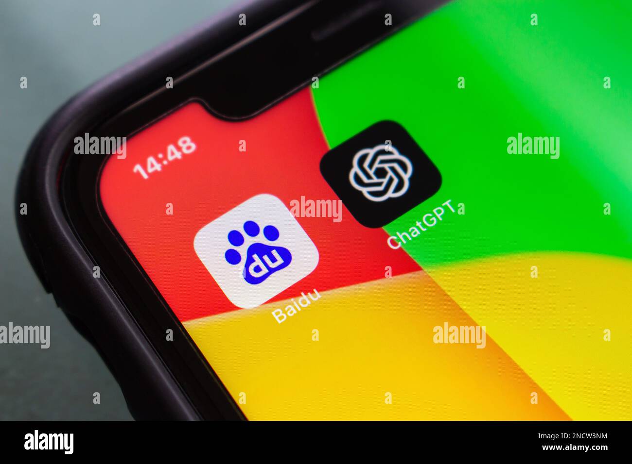 Baidu and ChatGPT icons seen in an iPhone. Baidu inc. developing ERNIE Bot, an ChatGPT-style AI chatbot project based on its ERNIE Model technology Stock Photo