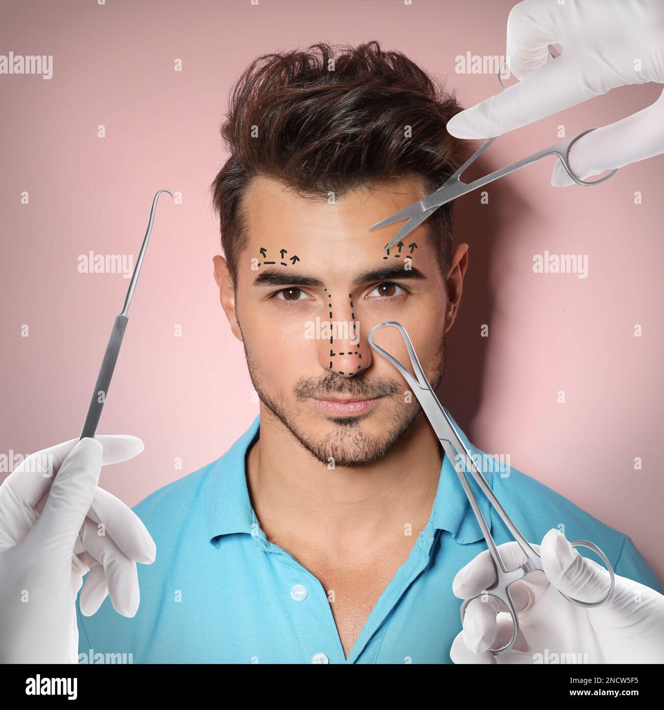 Doctors with different instruments and young man on pink background, collage. Concept of plastic